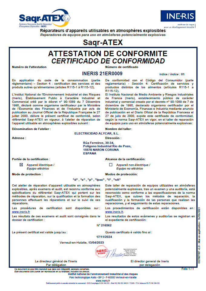 Certificado Saqr-ATEX de Electricidad Alycar