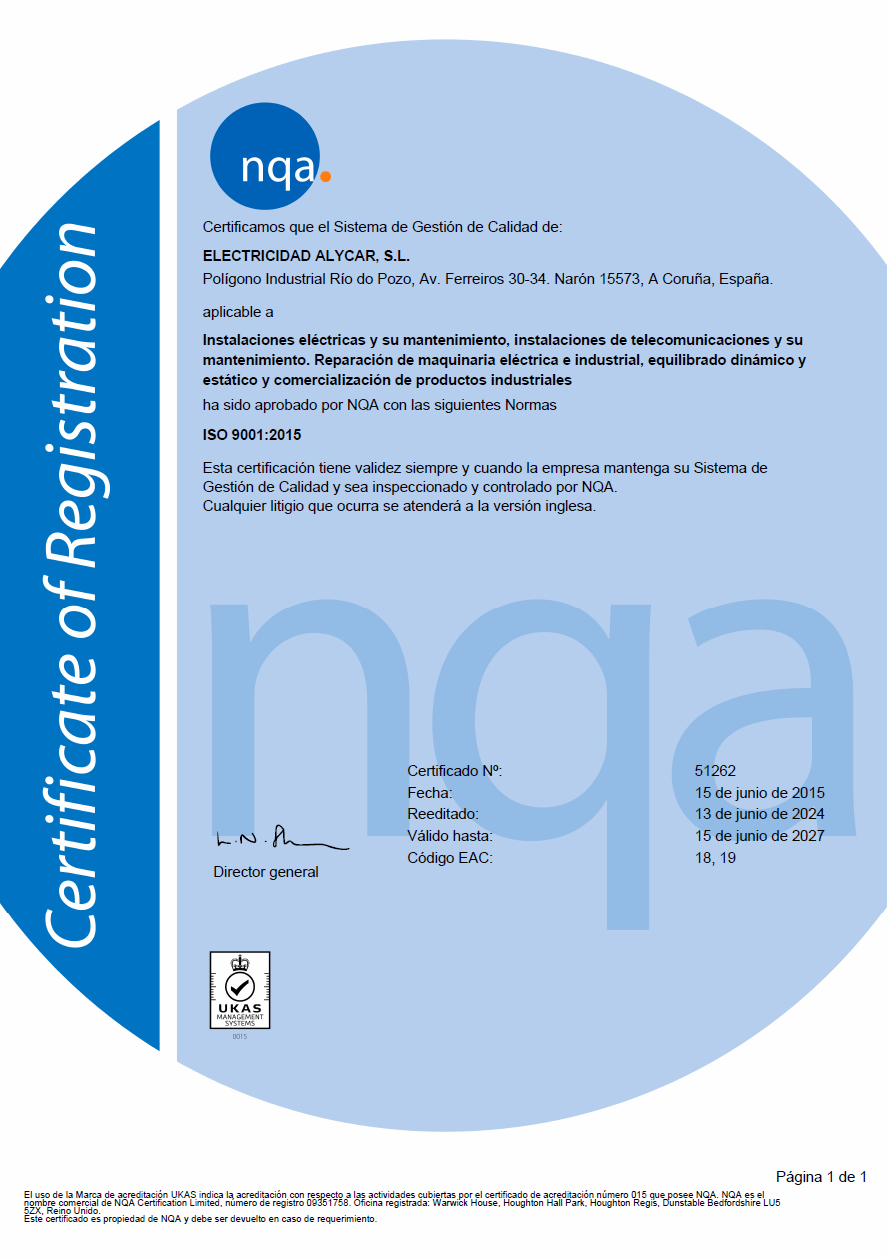 Certificado ISO 9001:2015 de Electricidad Alycar